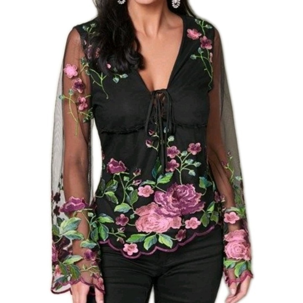 Venus Embroidered‎ Mesh Top Floral Flare Sleeve Lace Up Babydoll Size L Whimsy